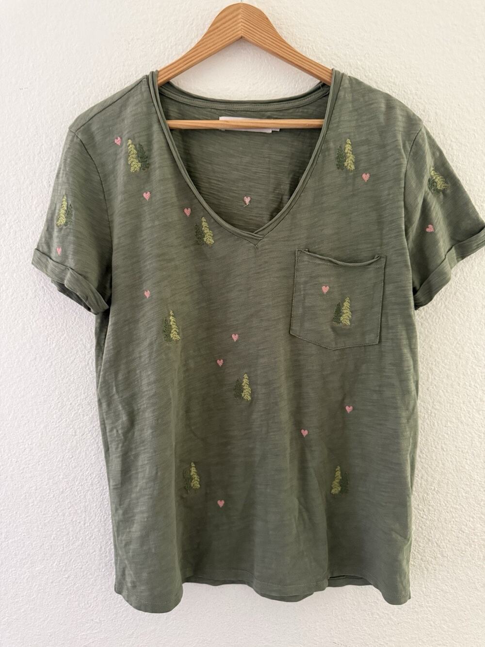 Billy T Olive Green Embroidered Trees Hearts V-neck Pocket T Shirt Top